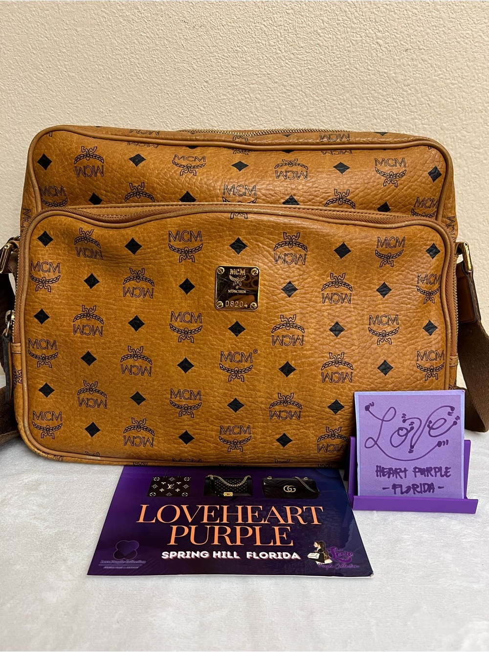 MCM Cognac Logo Visetos Messenger Bag